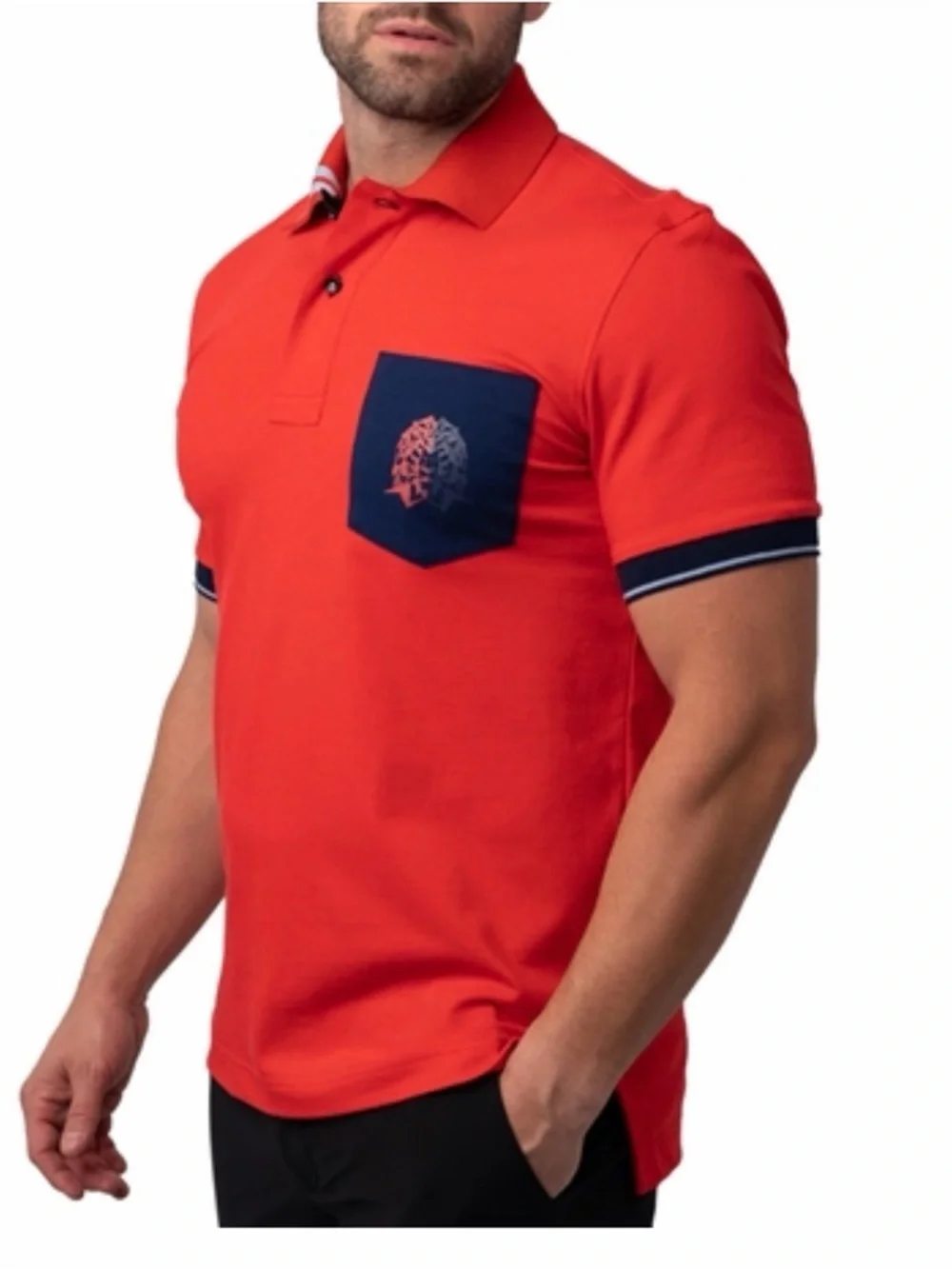 Men's Maceo Red Polo Shirt with Navy Pocket and lion 🦁 size S